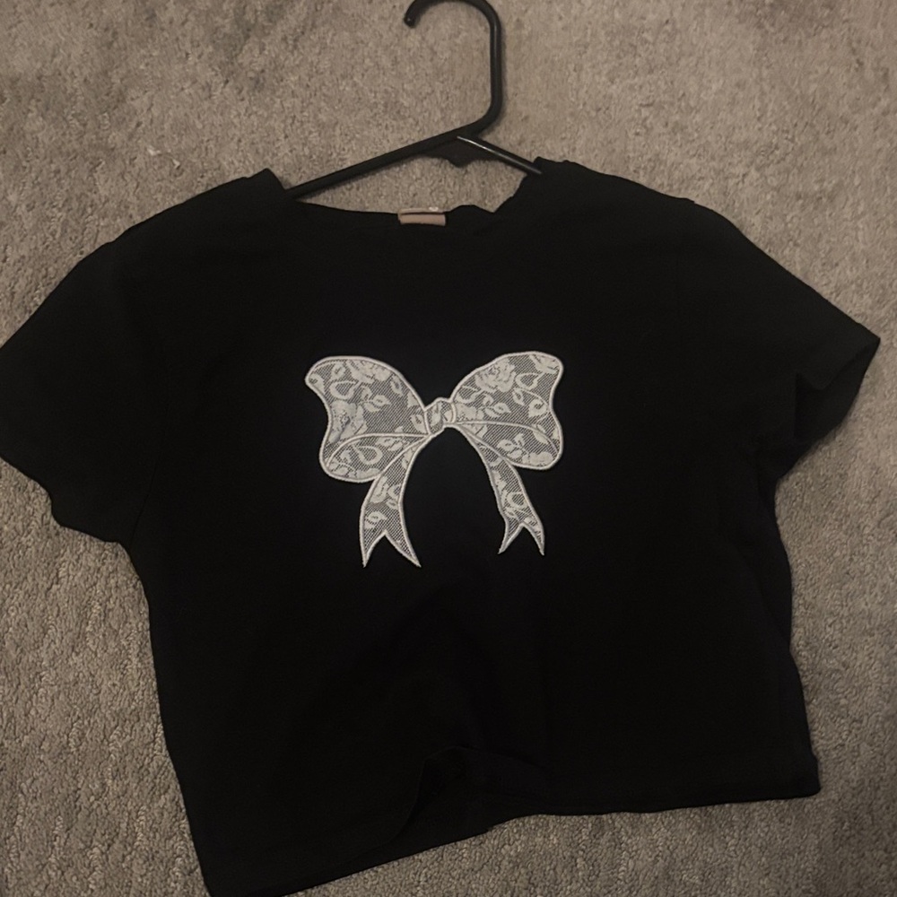 Black Crop Top with White Bow Design